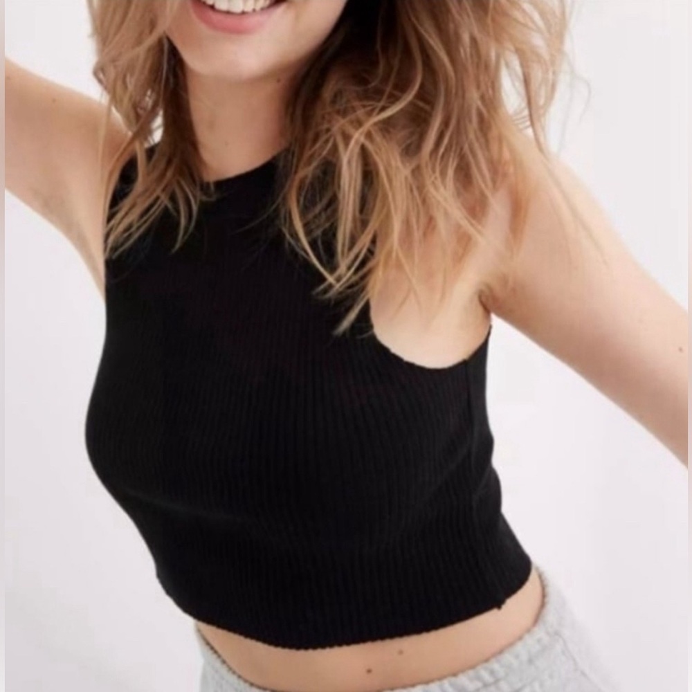 AERIE Black Ribbed Rebel Crop Top Tank Sleeveless Muscle Women’s Size Medium NWT